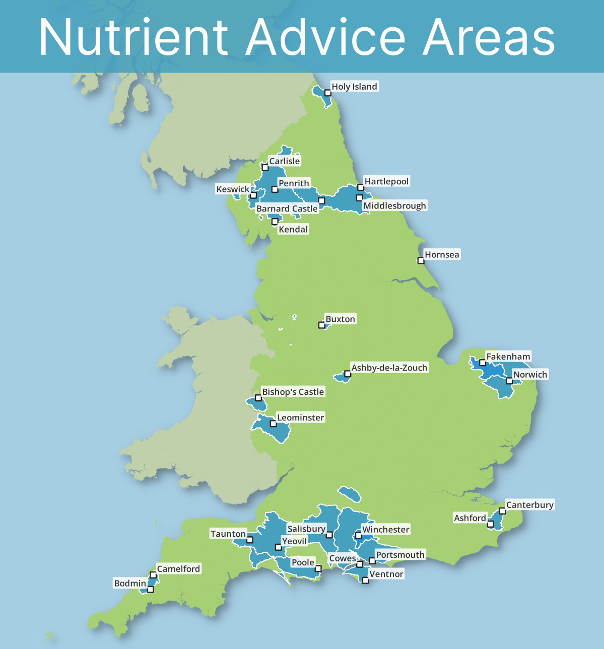 A map of England showing catchments covered by nutrient advice March 2022