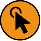 Orange circular graphic icon featuring black arrow cursor icon