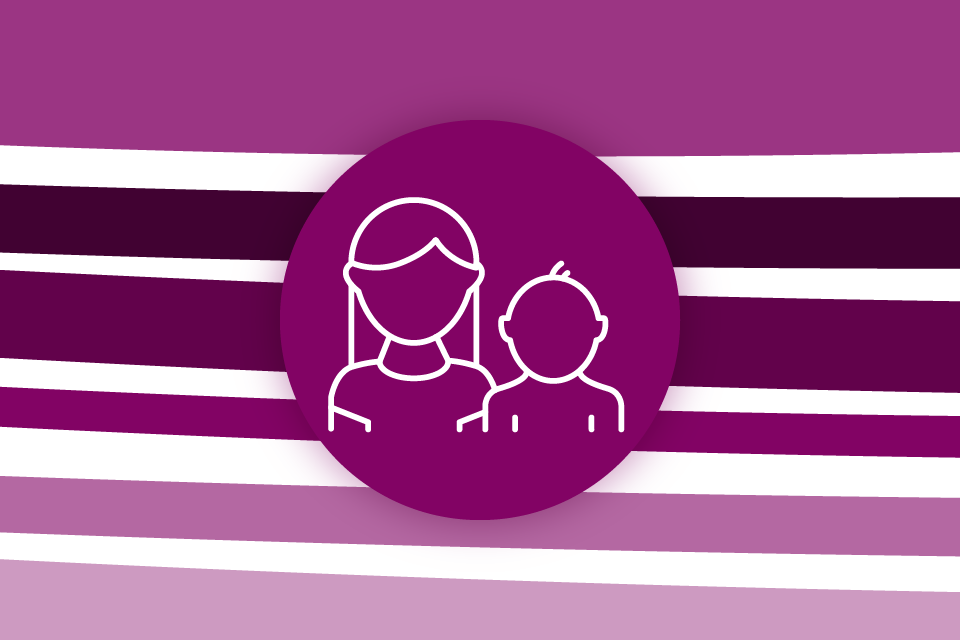 Re-thinking local: children and young people - purple stripes on a white background with a purple icon of two children