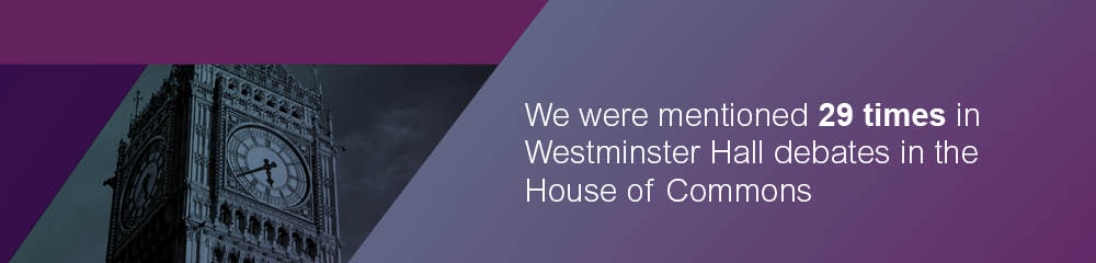 Text: We were mentioned 29 times in Westminster Hall debates in the House of Commons