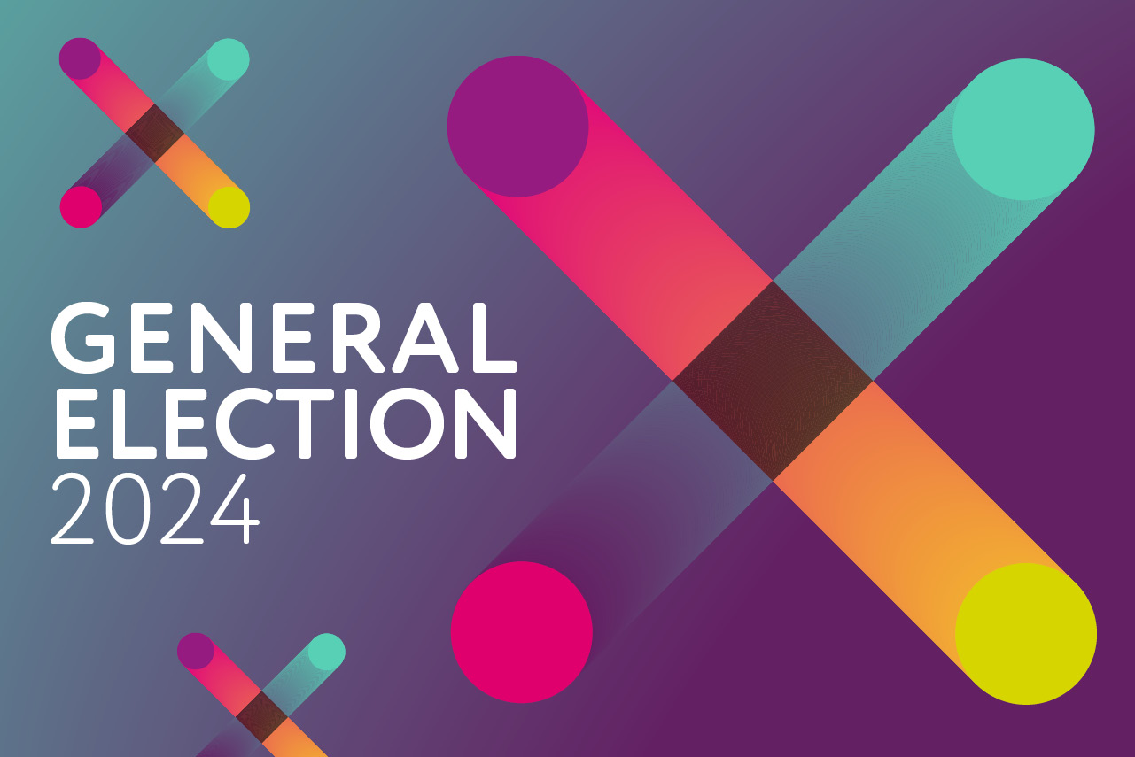 The words General Election 2024 alongside multicoloured icons representing crosses