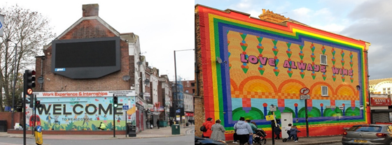 A photograph of Harrow LGBT pride celebrations, a colourful brick wall with text 'Love always wins'
