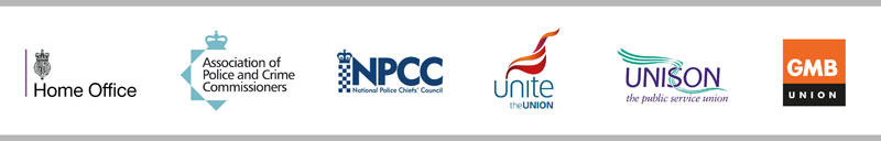 Home Office, Association of Police and Crime Commissioners, National Police Chief's Council, Unite the Union, Unison and GMB Union logo