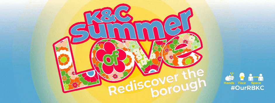 Graphic design for the Royal Borough of Kensington and Chelsea's Summer of Love campaign featuring floral patterned font over a background featuring a yellow sun over a blue sky