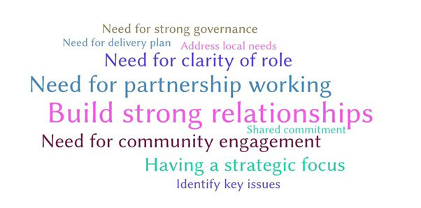 A word cloud showing the frequency of themes that emerged in relation to the key lessons learnt from the challenges and successes they had identified. The main themes to emerge were build strong relationships; need for partnership working; need for community engagement; and need for clarity of role.