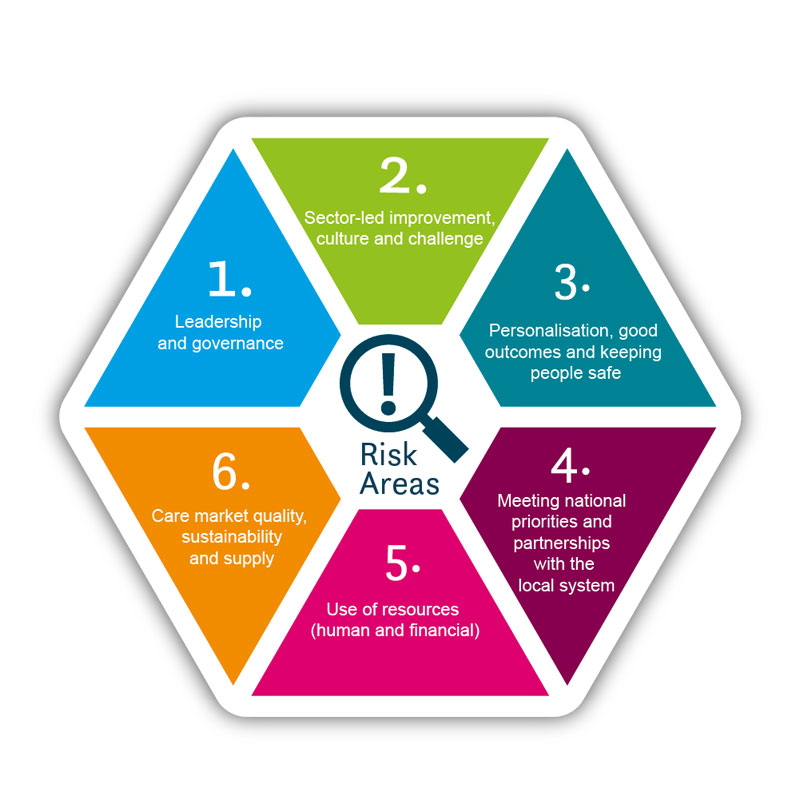 A hexagon showing the six domains: leadership and governance; sector-led improvement; personalisation, good outcomes and keeping people safe; meeting national priorities and partnerships with local systems; use of resources (human and financial); care market quality, sustainability and supply.