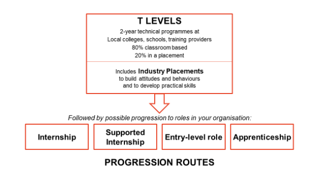 Students who have studied T Levels can progress onto an internship, entry-level role or apprenticeship within the same organisation