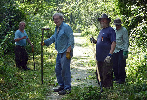 Older volunteer men clearing footpaths