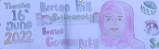 A hand drawn image of a Muslim women with a pink headscarf and the text Thursday 16th June 2022 Barton Hill Settlement Bristol Community with Bristol City council and Bristol Somali Resource centre logos.  