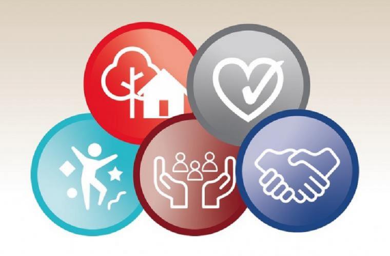 Five coloured circles in brown, grey, blues and red with individual images of a house, heart, shaking hands, hands holding people and a figure.