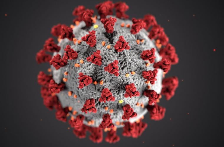 A close up of a light grey coronavirus with red spikes against a dark grey background