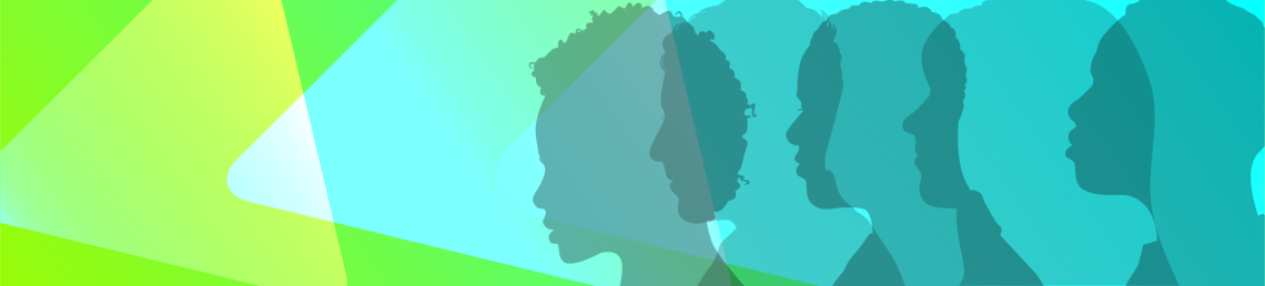 Silhouettes of people on a green and blue background