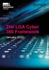 Cover of portrait-oriented publication (featuring the logos of the Local Government Association and Dionach) with the title 'The LGA Cyber 360 Framework' in hot pink text over a closeup image of a laptop keyboard backlit in green and blue lights