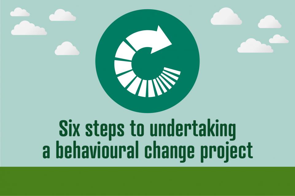 Image of circular arrow with text below reading 'six steps to undertaking a behavioural change project'