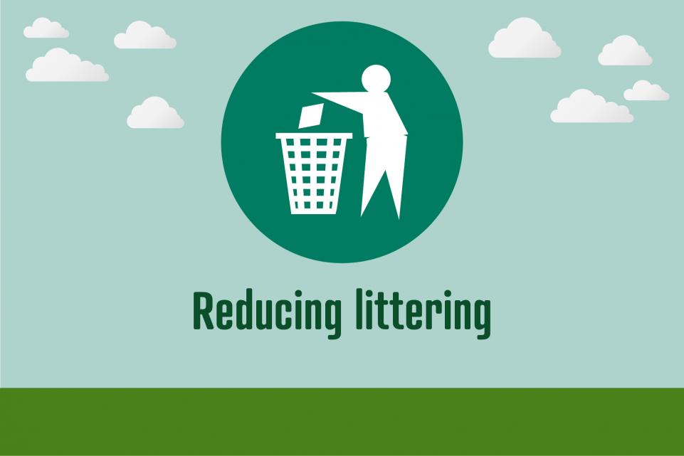 Picture of littering icon with text beneath it reading 'reducing littering'