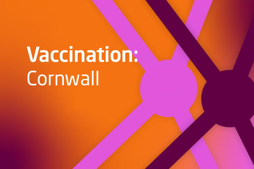 Graphic with COVID symbols and text vaccination Cornwall