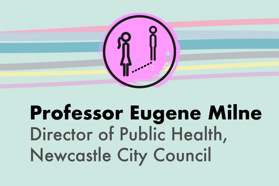 A light green image with a purple icon showing two people social distancing and the copy Professor Eugene Milne, Newcastle City Council Director of Public Health
