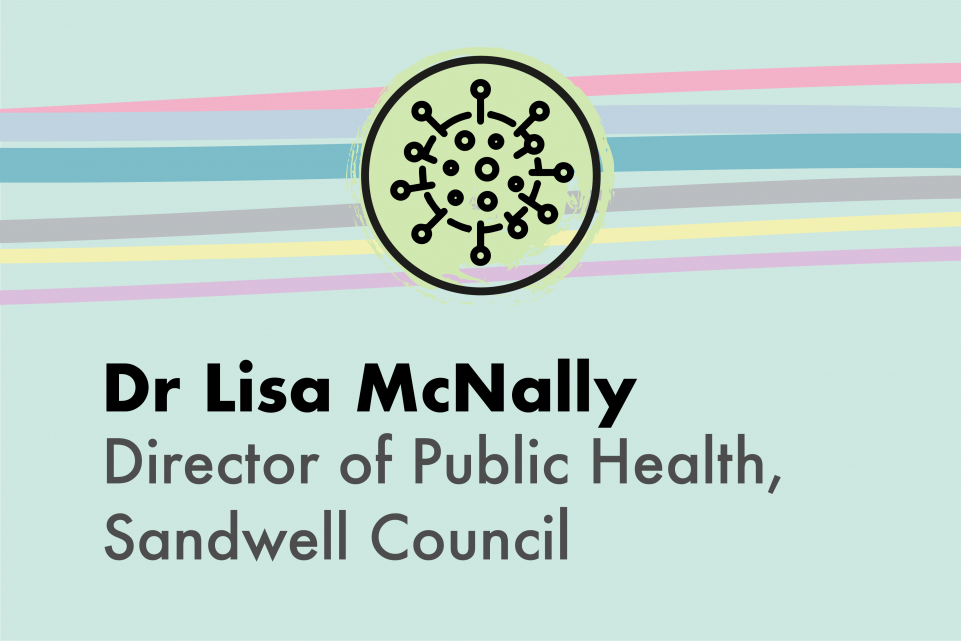 Light green image with an icon of a coronavirus and the copy Dr Lisa McNally, Director of Public Health, Sandwell Council