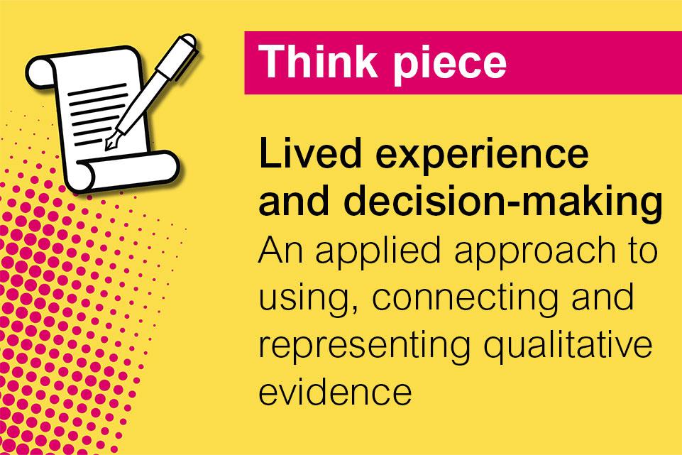 Decorative image with text: Think piece: Lived experience and decision-making. An applied approach to using, connecting and representing qualitative evidence