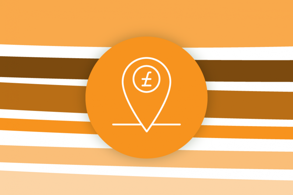 Re-thinking local: funding services and investing in communities - horizontal orange stripes with an orange icon of a location pin with a pound sign in the foreground 